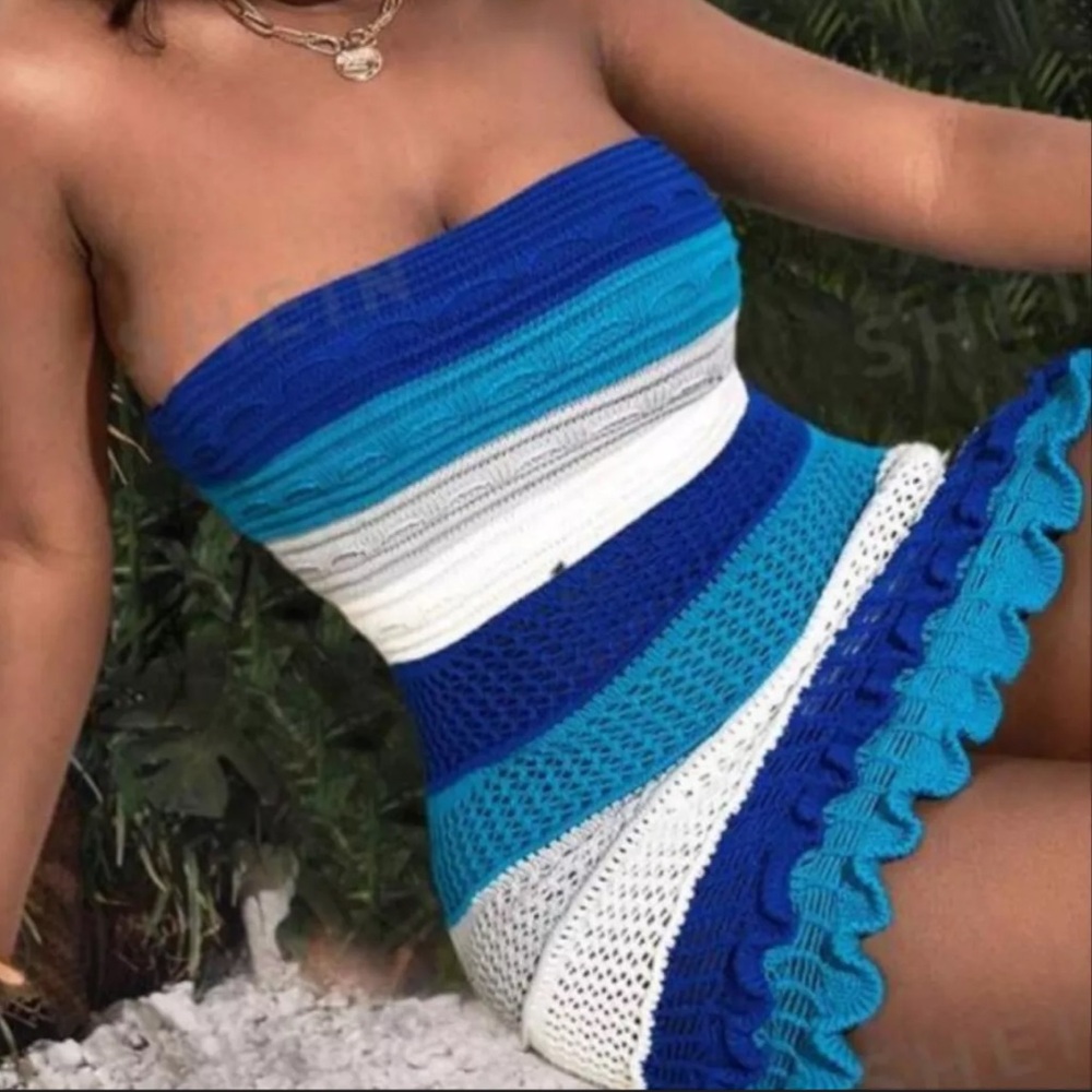 Blue & White Striped Crochet Tube Dress